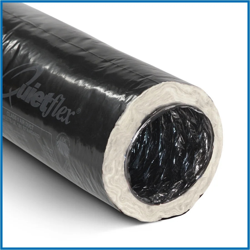 Flexible Duct Cutaway showing Black Vapor Barrier and Fiberglass Core
