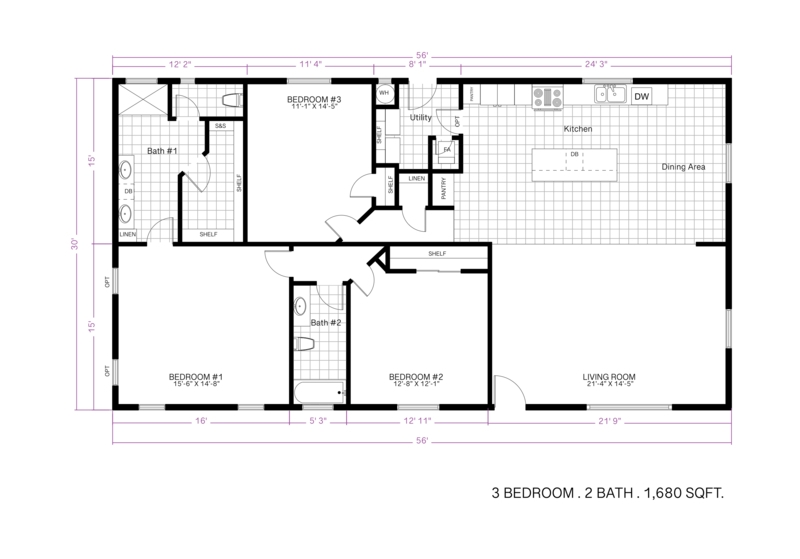 Floor Plan: 1680 Sq Ft Mobile Home Layout with Central Island
