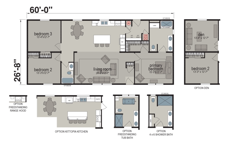 Floor Plan: 60 Foot Length Manufactured Home Layout, Optional Kitchen