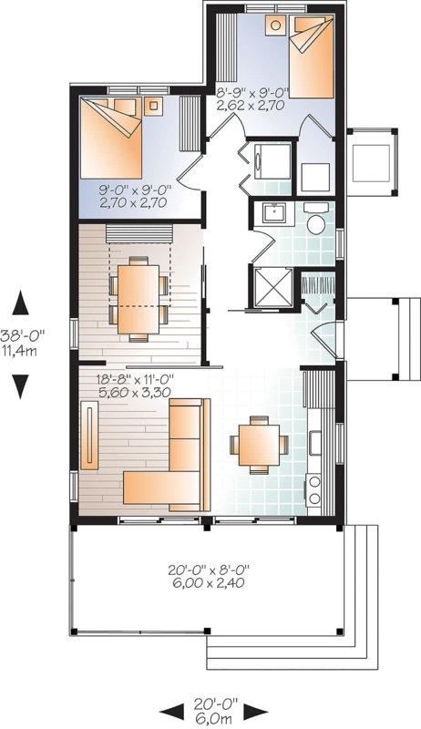 Floor Plan 700 Sq Ft Cottage Open Concept Layout with Integrated Porch