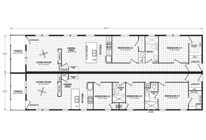 Floor Plan 76 Foot Length, Split Bedrooms, Integrated Kitchen Island