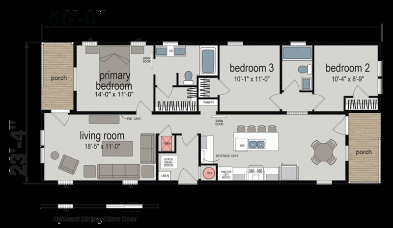 Floor Plan: Double Wide with Dual Porches and Barn Doors
