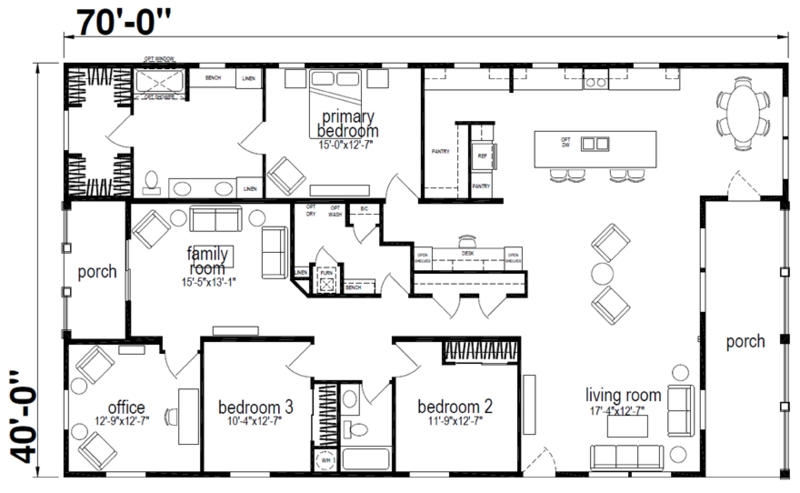 Floor Plan for Triple Wide Mobile Home Layout with Integrated Office