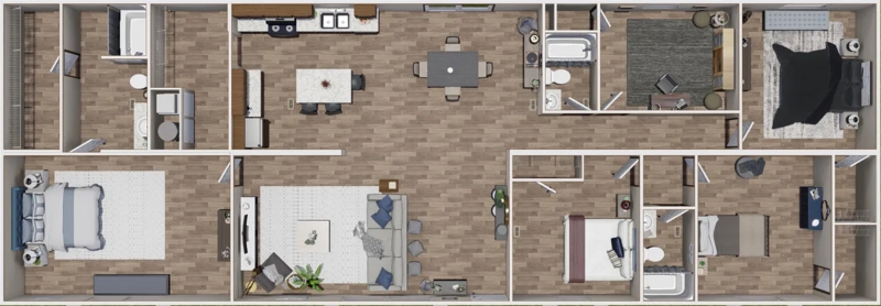 Floor Plan: Modern Ranch Style 3D Render with Four Bedrooms