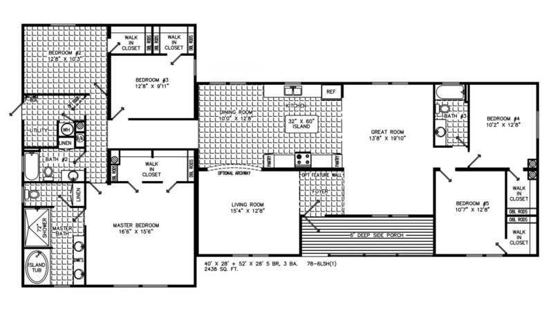 Floor Plan Quadruple Wide 5-Bedroom Layout with Central Kitchen Island