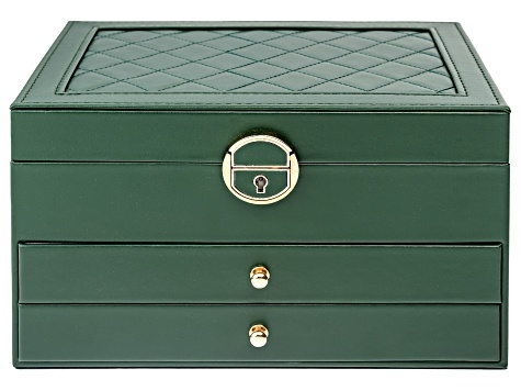Forest Green Jewelry Box Diamond Quilted Top Lockable With Two Drawers