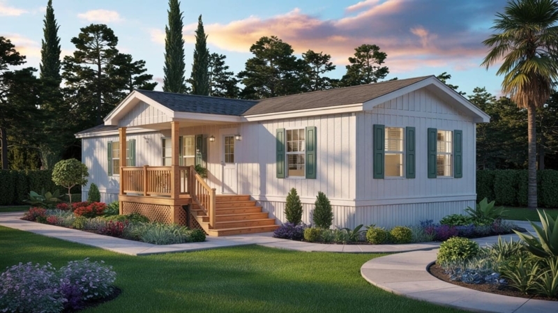 Forest Green Shutters on Board and Batten Mobile Home Exterior