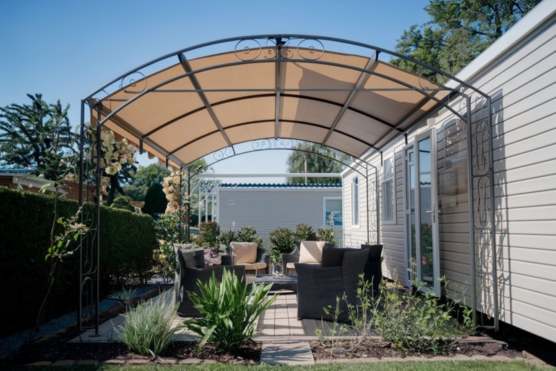 Freestanding Awning Arched Metal Frame with Tan Fabric Cover