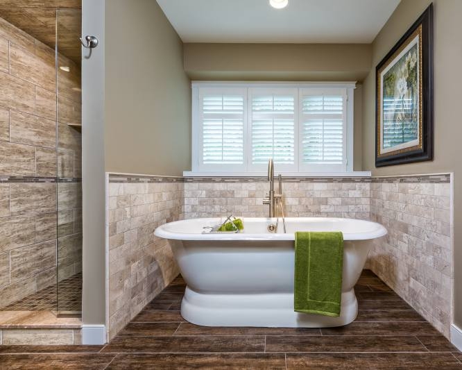 Freestanding Tub Bathroom Layout with Plantation Shutters
