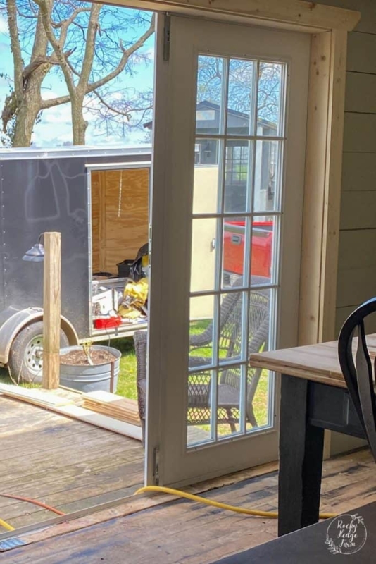 French Doors Divided Lites Raw Wood Trim Farmhouse Renovation