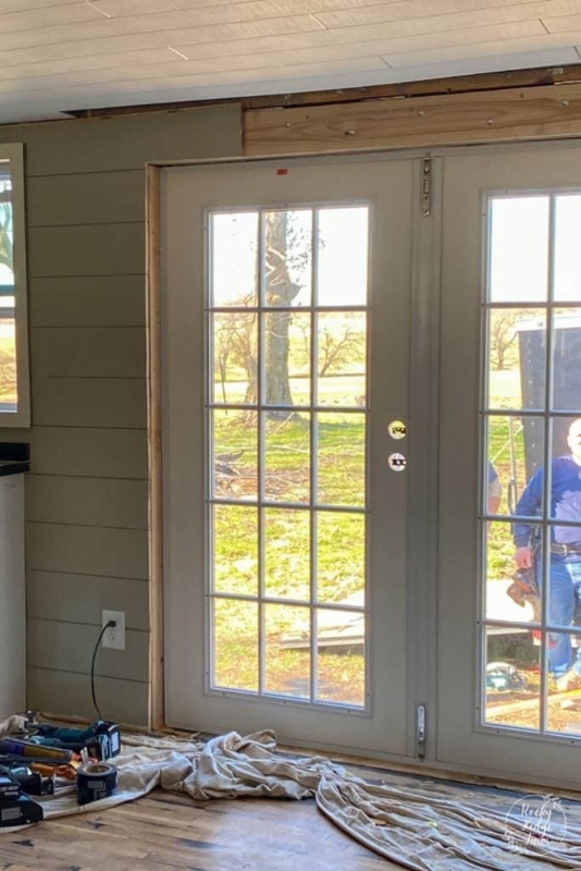 French Doors Multi Pane Glass Sage Green Shiplap Farmhouse