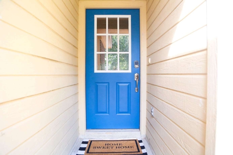 Front Door Bright Blue Nine Light Window Keypad Lock Modern Traditional