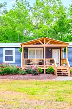 Front Porch with Blue and Wood Contrast and Gabled Roof