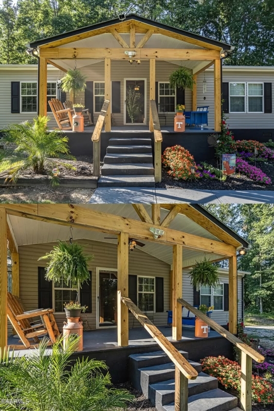 Front Porch with Exposed Timber Truss and Wide Grey Steps