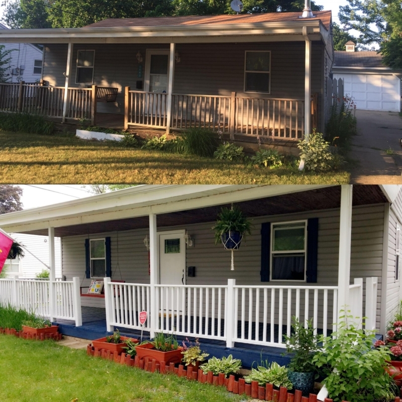 Front Porch with Navy Blue Painted Deck and White Picket Railing