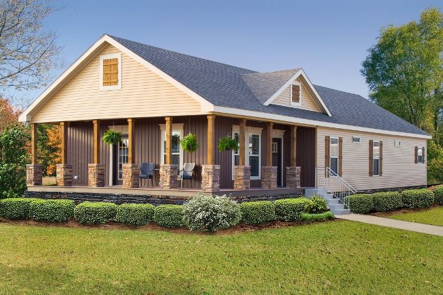 Front Porch with Stone Pillar Bases and Mixed Siding Texture
