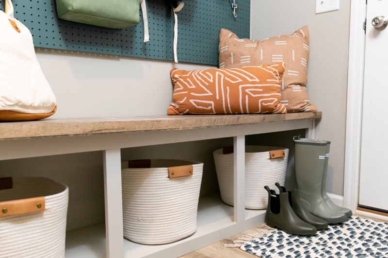 Functional Entryway Bench: Woven Rope Baskets, Cubbies, & Pegboard