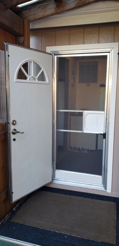 Functional White Exterior Door: Fan-Lite Window, Sliding Screen Panel