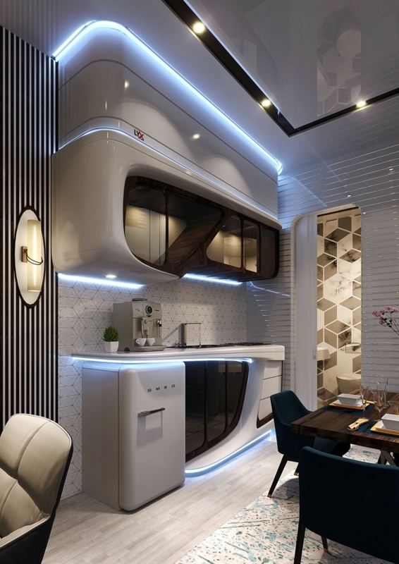 Futuristic Luxury Mobile Home Interior with Curved Cabinetry
