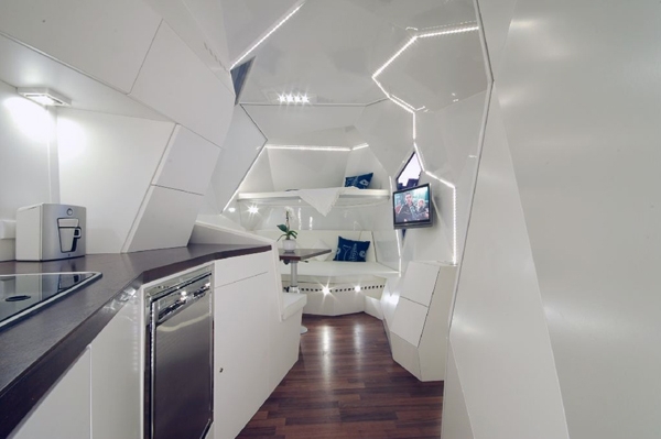 Futuristic Mobile Home Interior Design with Geometric Wall Panels