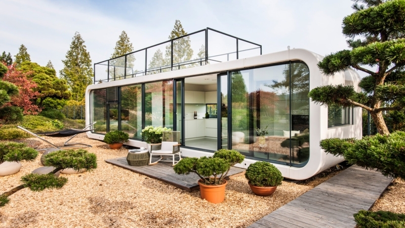 Futuristic Modular Home Design: Rounded Shell Frame, Rooftop Deck