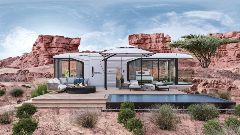 Futuristic Prefab Home Retreat: Modular Pod, Infinity Pool