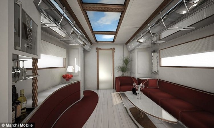 Futuristic Skylight Ceiling Design with Maroon Sectional Sofa