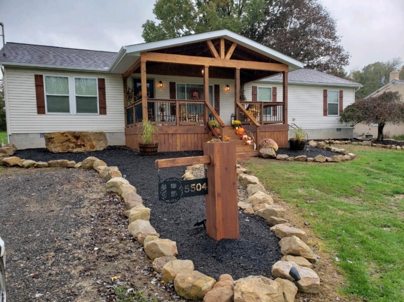 Gable Roof Porch With Exposed Trusses | Rustic Wood And Stone Addition