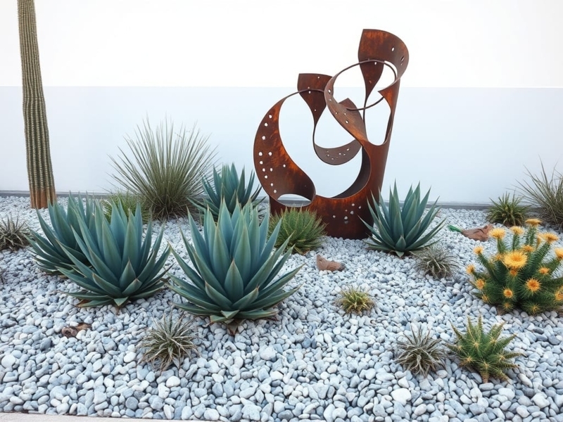 Garden Sculpture: Rusted Metal Art in Modern Agave Landscape