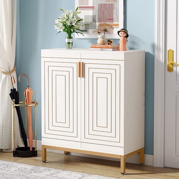 Glam Shoe Cabinet Geometric Gold Detailing Elevated Legs