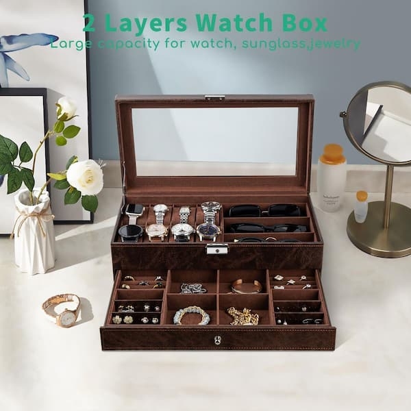 Glass Top Watch Display Case Brown Two Tier with Pull Out Drawer
