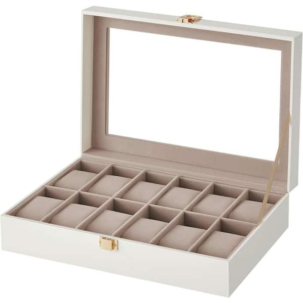 Glass Top Watch Storage Case White 12-Slot Beige Lining
