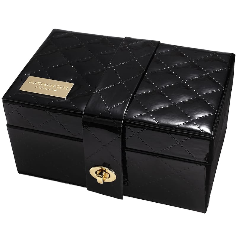 Glossy Black Quilted Jewelry Box with Gold Turn Lock Clasp