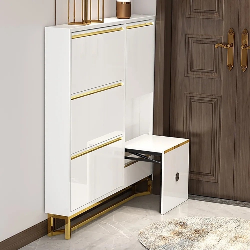 Glossy Shoe Cabinet Integrated Pull-Out Bench Narrow Profile