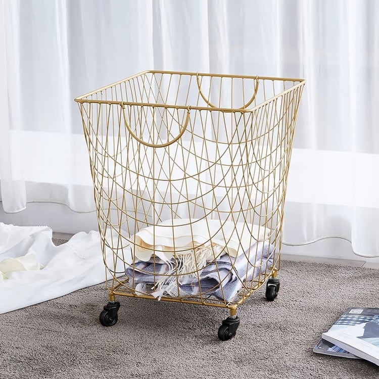 Gold Rolling Hamper, Polished Wire Square Frame, Lattice Design, Casters
