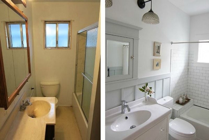 Gray Board and Batten Bathroom Before and After Layout Remodel