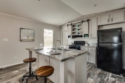 Gray Shaker Kitchen Cabinets with Sliding Barn Door Upper Detail