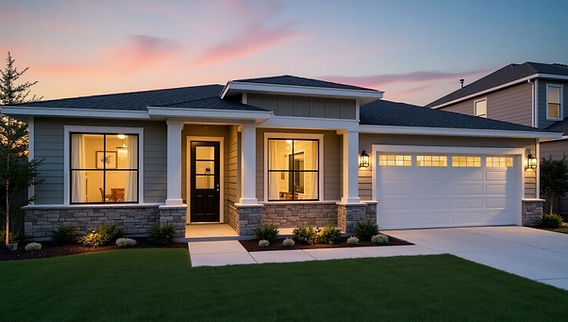 Gray Siding with Stone Veneer Black Window Frames Craftsman Exterior