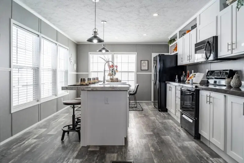 Grey Kitchen Wall Paneling Ideas: White Shaker Cabinets & Industrial Lights