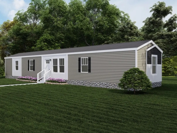 Grey Manufactured Home Exterior with Stone-Look Foundation Skirting