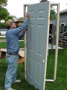 Grey Six-Panel Exterior Door with Pre-Hung Assembly and Recessed Panels