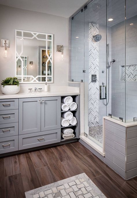 Grey Vanity with Open Storage and Mixed Pattern Shower Tile