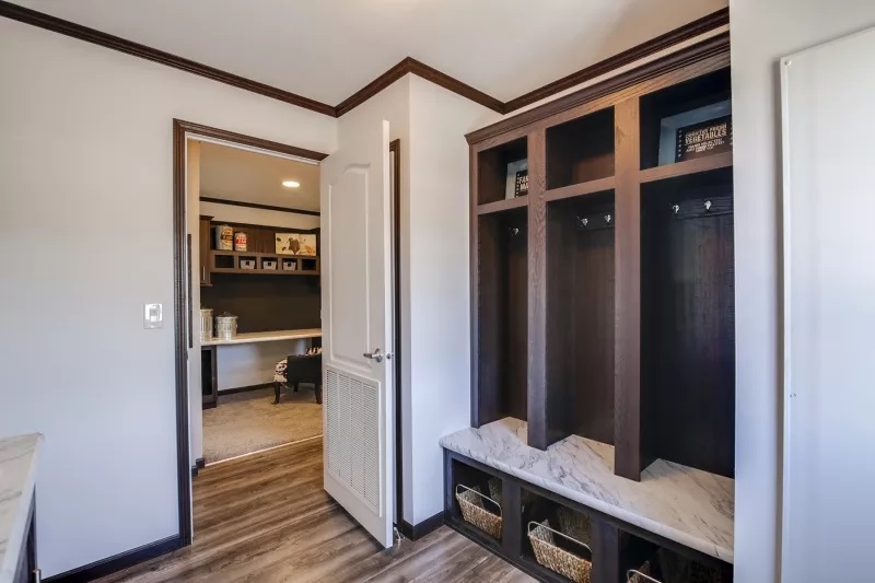 Hall Tree Built In Storage with Marble Look Bench and Woven Baskets