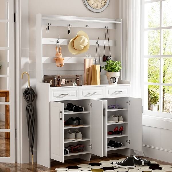 Hall Tree Entryway Organizer with Shoe Cabinet and Drawers
