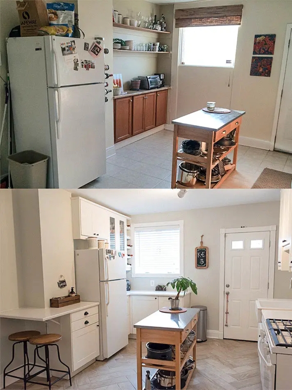 Herringbone Floor Kitchen Layout with White Shaker Cabinets and Bar