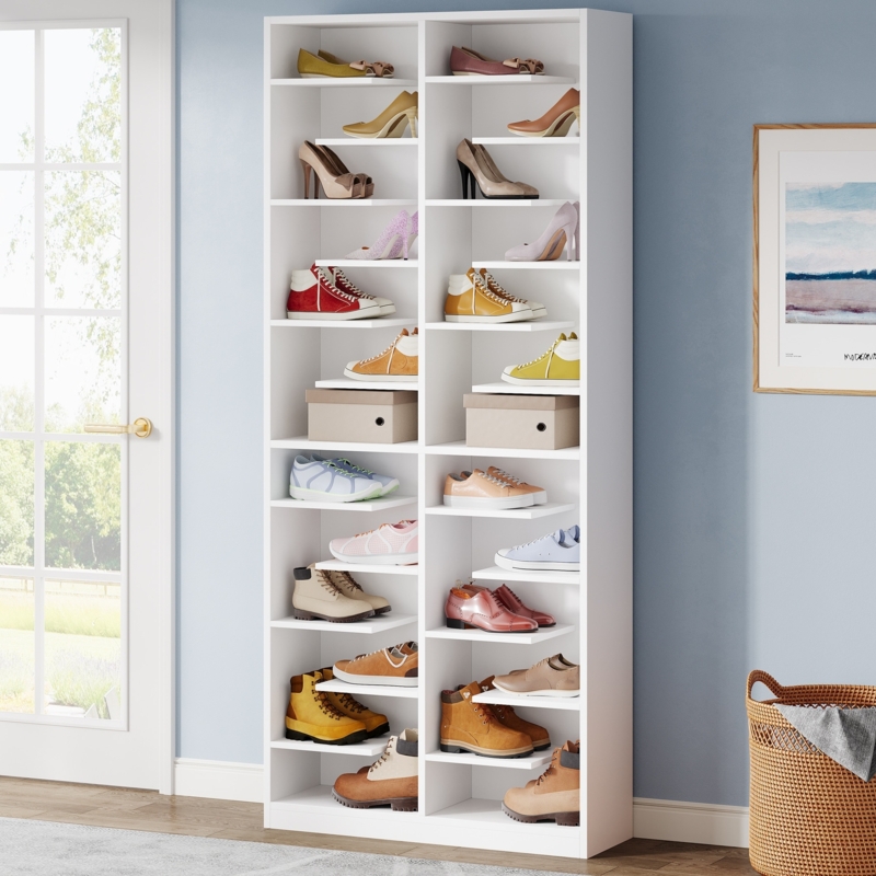 High-Capacity White Shoe Storage Cabinet with 26 Cubbies