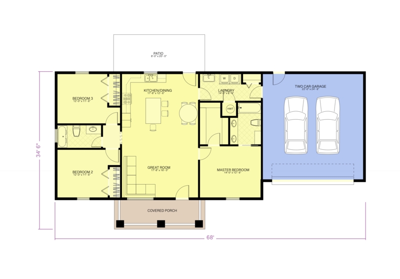 Home Layout with Attached Garage, Covered Porch, and Patio
