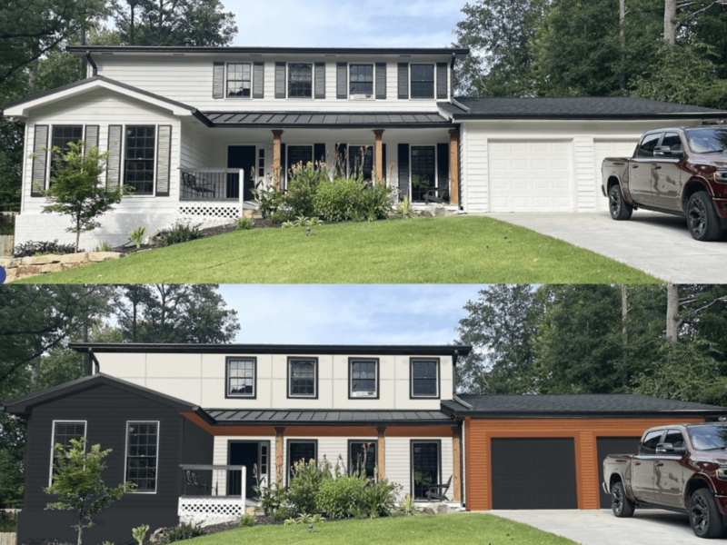 House Exterior Charcoal Siding Wood Toned Garage Black Trim