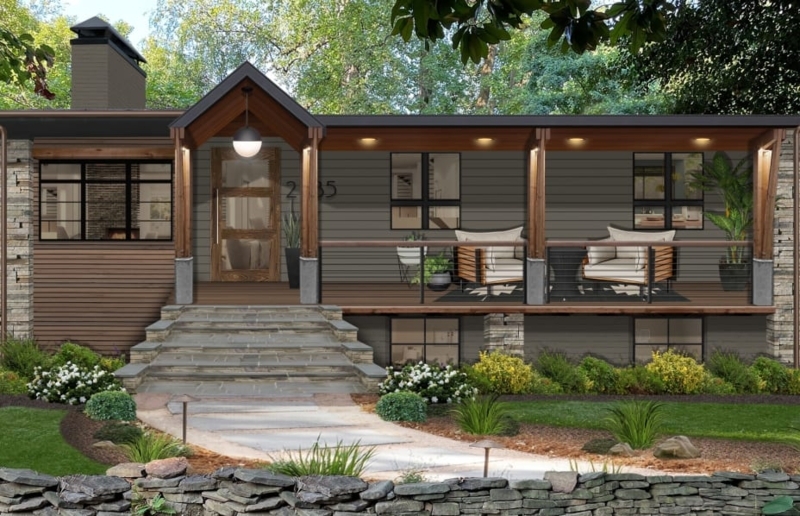 House Exterior Dark Green Siding Wood Porch Accents Tiered Stone Steps