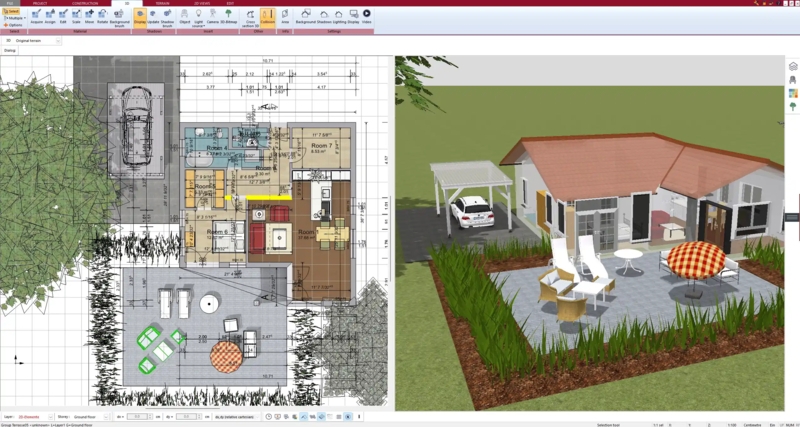 House Plan: L-Shaped Layout Visualization with Patio & Carport